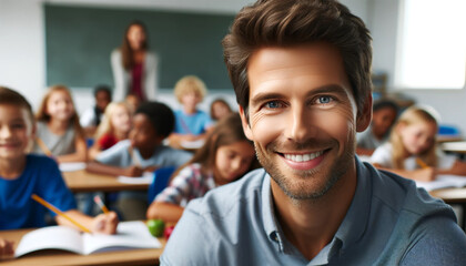 portrait of a smiling male teacher in a class at an elementary school