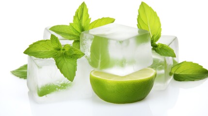 a lime and ice cubes with leaves