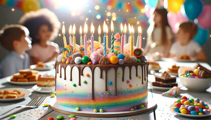 white birthday cake with candles, set at a birthday party for children