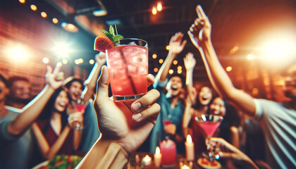 hand holding a glass of pink cocktail, set against a background of people cheering in a nightclub.