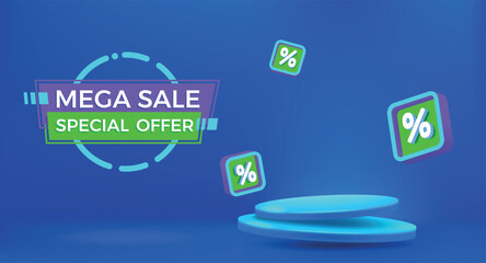 Sale banner. Special offer. 3d empty podium with blue lightning for discount product presentation, neon flash game show, battery sign, mega power scene. Vector design, isolated illustration - obrazy, fototapety, plakaty