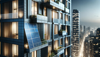 solar panel on a modern apartment building facade in the city - obrazy, fototapety, plakaty