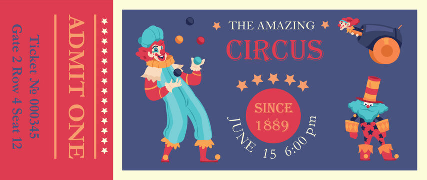 Circus ticket. Clown entertainment show greeting card or flyer template. Cartoon jokers and jesters comedians, funny faces. Artists performing tricks. Kids party. Vector illustration