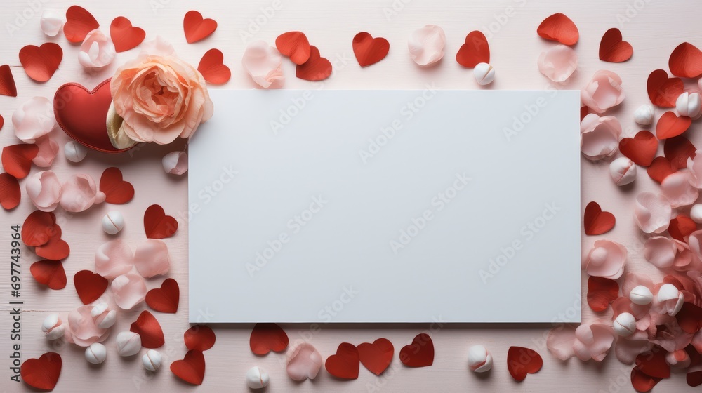 Poster Flat lay Valentine Day Background Mockup with empty space in middle for product. Generative AI.