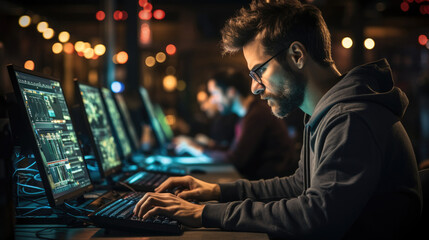 A man write programming code at their setup in night. Generative AI.