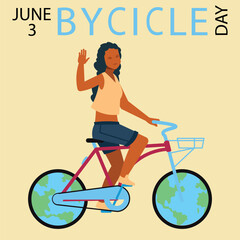 Bicycle day greeting card. Happy woman on bike. Cartoon girl riding and waving hand. Young African female character greeting. Profile view of teenager on cycle. Vector bicyclist illustration