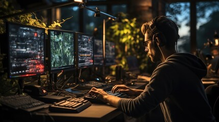 A man write programming code at their setup in night. Generative AI. - obrazy, fototapety, plakaty