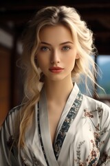 Portrait of a beautiful blond Caucasian girl with ocean blue eyes in traditional Chinese clothes. Generative AI.