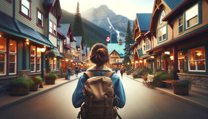 a girl traveler on a city street in canada
