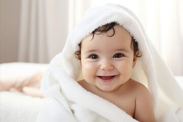 Happy Baby in Towel with Copyspace, Cute Infant After Bath, Hygiene and Care Concept