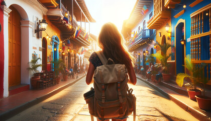 a girl traveler on a city street in colombia.