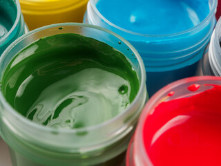 Jars of acrylic gouache paint art painting creativity and development