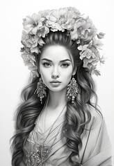 pencil drawing portrait of beautiful Caucasian girl in traditional clothes , generated by AI. High quality photo