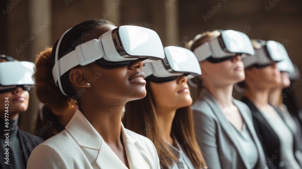Poster A diverse group of adult professionals engaging in collaborative interactive learning using VR headsets. Generative AI.