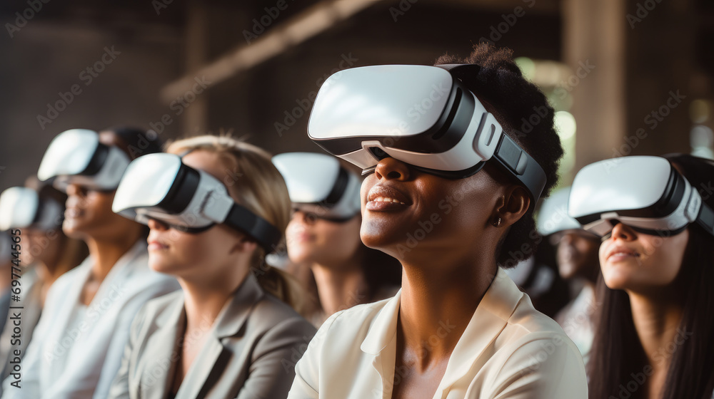 Poster A diverse group of adult professionals engaging in collaborative interactive learning using VR headsets. Generative AI.