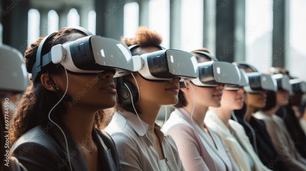 Poster A diverse group of adult professionals engaging in collaborative interactive learning using VR headsets. Generative AI.