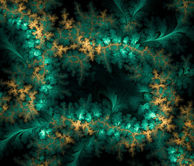Fototapeta na wymiar Drawing of a natural fractal pattern in green and gold tones