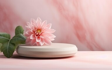 Peach color. Pastel pink dahlia flower leaves podium stone stage pedestal natural mock up. Product promotion beauty cosmetic pedestal. Twist plank template. Studio minimal showcase. AI Generative.