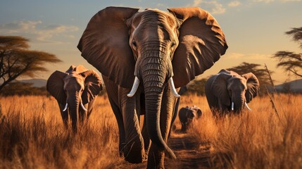 A herd of elephants walking across a dry grass field. Generative AI.