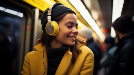 Happy young beautiful female passenger listening music. Smiling charming woman wearing wireless headphones while moving in tram. Big city lifestyle, transportation. - obrazy, fototapety, plakaty
