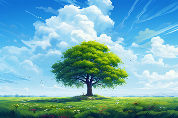 Fototapeta na wymiar Nature scenic illustration with a tree plant and sky view, ai generative