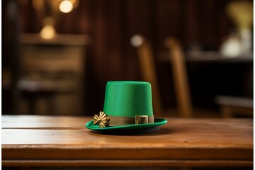 Green leprechaun hat, gold coins and shamrock leaves on green bokeh background