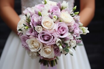 Beautiful fresh bouquet of flowers in the hands of the bride close-up