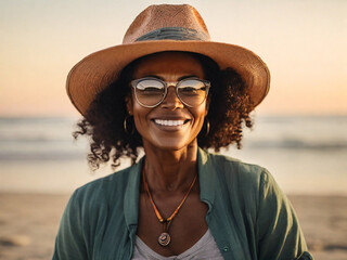 Portrait of a beautiful happy 50 year old black woman wearing a straw hat and glasses on the beach