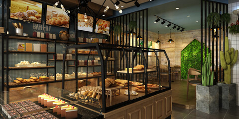 3d render cafe bakery restaurant interior - obrazy, fototapety, plakaty