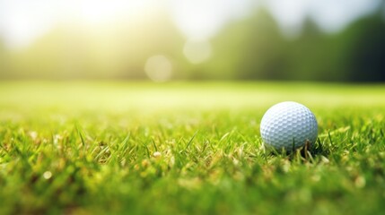 Obraz premium Golf ball on green grass in golf course. Golf ball on green grass ready to play.
