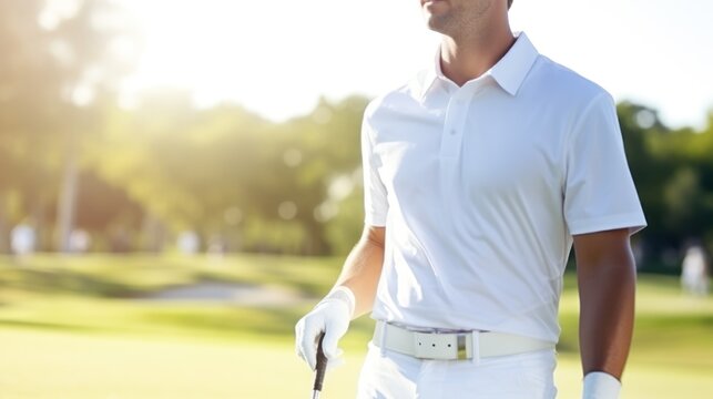 Golfer on a golf course. Golfer in a white shirt holding a golf club