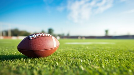 Rugby ball lay on the rugby ground on grass with sunshine