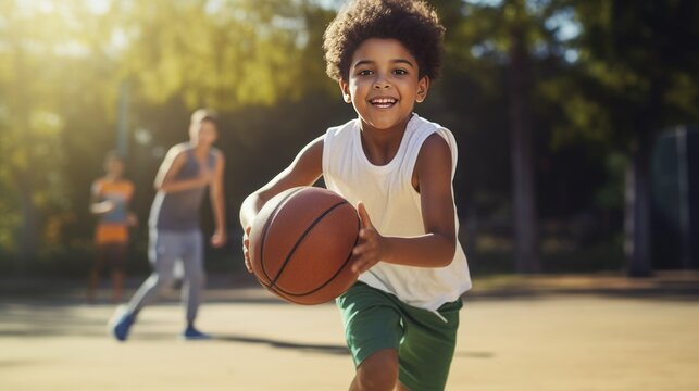 Portrait of african american boy with basketball ball on playground