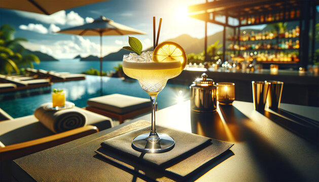 an elegant cocktail on a table in a garden setting, depicting a serene summer night by the pool