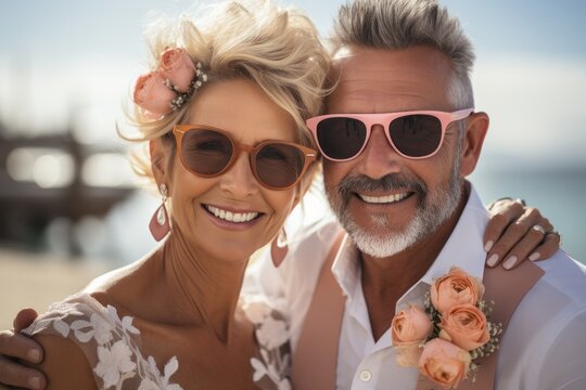 Happy Smiling Bride And Groom 40-50 Years Old, Wedding Couple