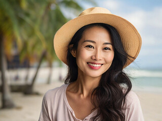 Portrait of a beautiful happy 35 year old woman of Asian appearance wearing a straw hat on the beach