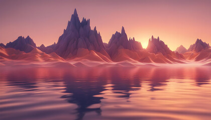 Fototapeta na wymiar Abstract landscape of mountainous landforms and water at sunset or sunset.