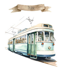 Watercolor vehicle tram. Set of transport types. Passenger and public vehicle