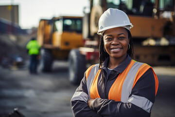 Portrait of confident black female construction worker at construction site - obrazy, fototapety, plakaty
