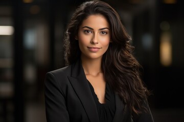 Obraz premium portrait, business, businesswoman, office, opportunity, co-worker, working space, leadership, smile, elegance. portrait image is close up businesswoman at working space. behind have office asset.