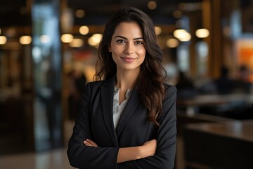 portrait, business, businesswoman, office, opportunity, co-worker, working space, leadership, smile, elegance. portrait image is close up businesswoman at working space. behind have office asset.