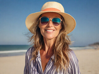 Portrait of a beautiful 35 year old woman wearing a straw hat and sunglasses on the beach