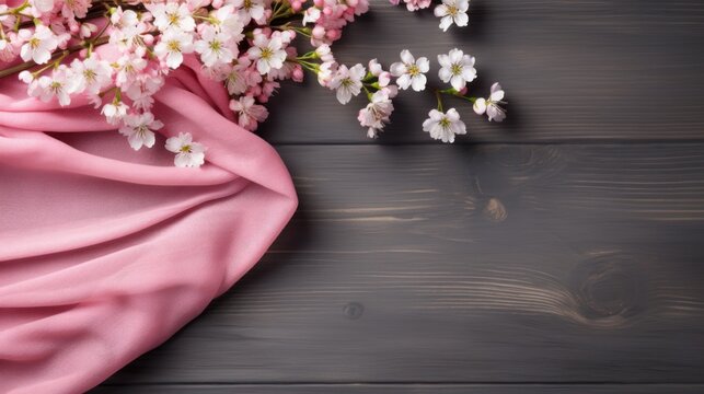 Cherry blossoms on a wooden background. Top view