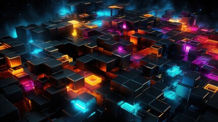 cyberspace, technology, datum, digital, communication, design, network, computer, future, futuristic. image of digital, wall with many pieces of blue and yellow light. 3D rendering illustration via AI