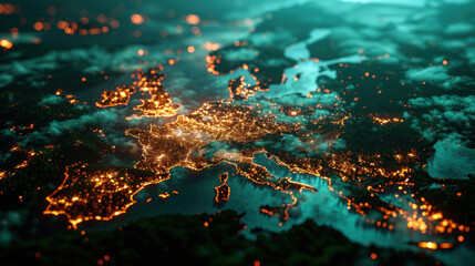 green glowing silhouette of Europe. Generative AI - obrazy, fototapety, plakaty