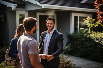 Real Estate Agent Greeting Clients at House