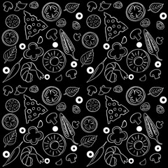 Italian pizza ingredients doodle illustration. Cheese tomato basil olive pineapple shrimp mushrooms onion pepper seamless pattern background.
