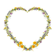Spring floral arrangement. Frame of wildflowers in the shape of a heart isolated on white background. Valentine's Day background for cards, stickers, prints, invitations.