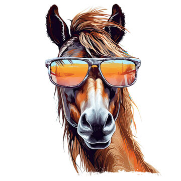 Funny horse wearing sunglasses on transparent background