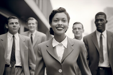 Retro style African American from 1960s walking to work with beautiful old-fashioned clothes.